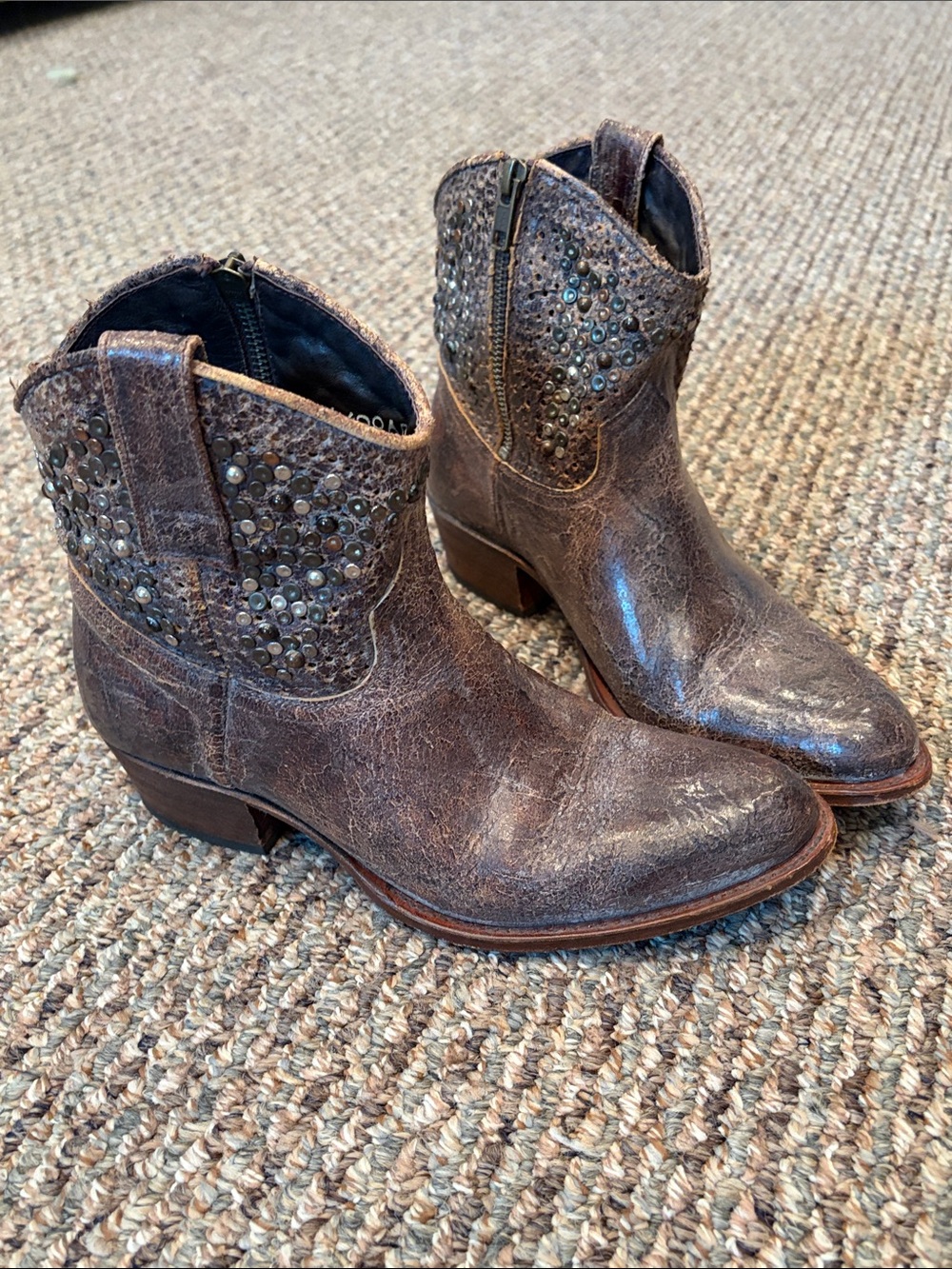 Frye Sendra Studded Brown Leather Western Ankle Boots